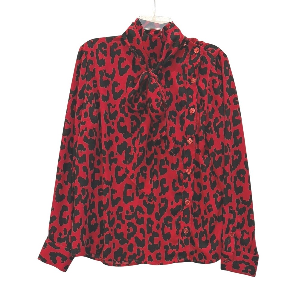 New York & Co Red Black Leopard Print Tie Neck Blouse Asymmetrical Button Size L